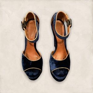 Schutz Velvet Heels (Aqua/Gold)